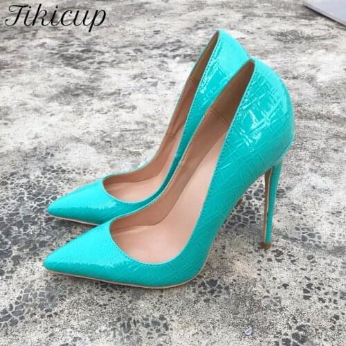 Tikicup Mint Green Crocodile Effect Women Sexy Pointy Toe High Heel Shoes 8cm 10cm 12cm Slip On Gorgeous Stiletto Pumps