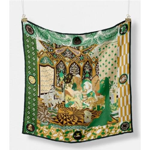Twill Silk Scarf Woman Palace Print Square Scarves Wraps Bandana Small Hijab Silk Foulards Lady Tie Headband Neckerchief 53CM