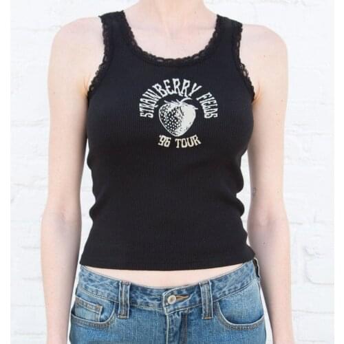 Strawberry Print Crop Top Women 2021 Summer Sexy Slim Lace Trim Cotton Ribbed Tank Tops Vintage Streetwear Y2k Blouses Cute