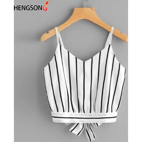 2021 Summer Knot Striped Split Tie Back Crop Cami Top Women Casual Spaghetti Strap Bow Top Vest Beach Vest Camisole