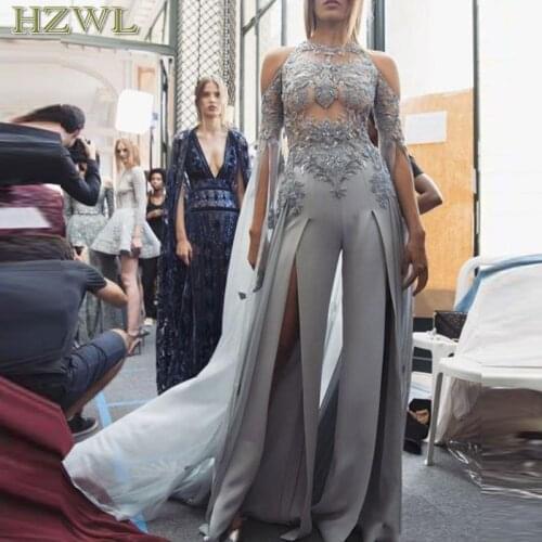 Jumpsuit Evening Dresses 2020 Silver Jewel Lace Appliques Long Sleeves Split Front Formal Vestidos De Prom Party Gowns