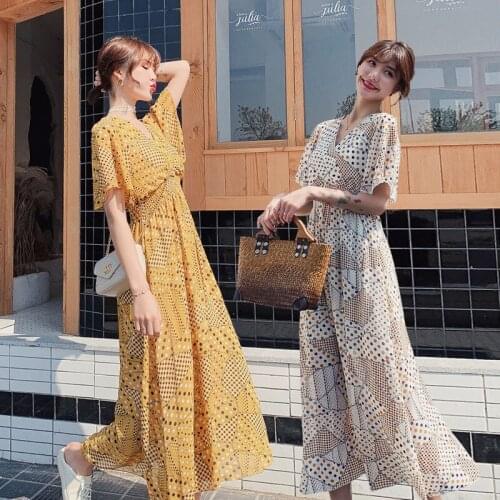 Fashion casual chiffon printed long dress female 2020 summer womens new waist slimming temperament V-neck dress j14