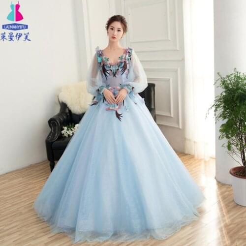 100%real luxury light niagara blue bird embroidery court medieval dress princess queen cosplay gown ball long dress/ball gown