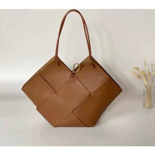 100% Cowhide Leather Tote Bag Angular Shape Knotted String Closure Women Shopping Handbags Weave Real Leather Shoulder Bags