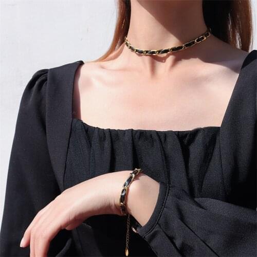 2021 Street Fashion 18 K Gold Color Sexy Leather Rope Choker Woman Necklace Bracelet Sets 316 L Stainless Steel Jewelry Not Fade