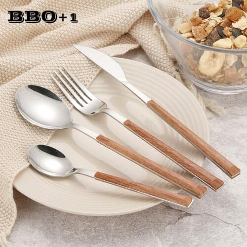 24pcs Creative Dinnerware set Imitation Wood Tableware Kitchen Cutlery Stainless steel Table Knives Dinner Forks Spoon Teaspoon