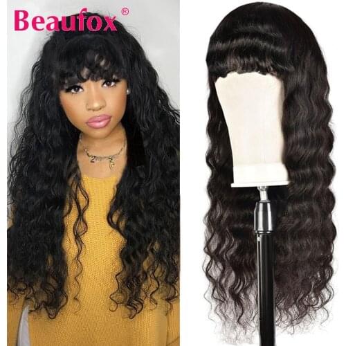 Beaufox Loose Deep Wave Wigs With Bangs Glueless Human Hair Wigs Brazilian Hair Wig With Bangs For Black Women Remy 8-28 Inches