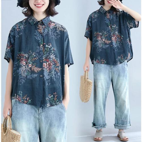 Ethnic Femme Linen Blouses Summer Turn Down Collar Loose Tops Casual Short Sleeved Retro Irregular Floral Shirt Women Clothing