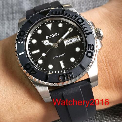 Bliger Brand 40mm 24Jewels NH36A Date Week Sub Luminous Hand Automatic Men WristWatch Rotating Bezel Rubber Band Sapphire Glass
