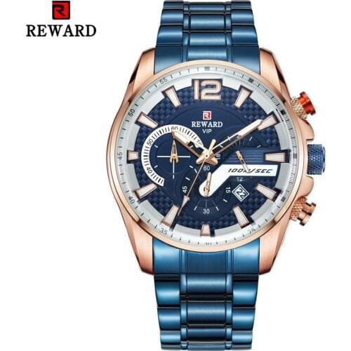 REWARD Blue New Fashion Men Watches Quartz Wristwatches 30M Waterproof Chronograph Sport Date Steel Band Watches montre homme