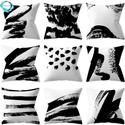 Black and White Abstract Painting Polyester Pillow Cover Graffiti Print Decorative Cushion Cover Sofa Throw Pillow Case 45X45CM