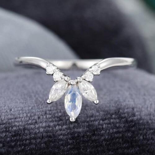 EDI Marquise Cut Moonstone Ring 14k White Gold Moissanites Wedding Band Stacking Matching Bridal Jewelry Promise Gift For Women