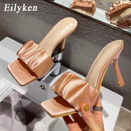 Eilyken Fashion Design Square Toe Pleated Leather Mules Slippers Women 2021 New Summer Sandals Ladies Thin High Heels Party Shoe