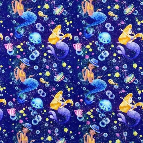 Beautiful 100% Cotton Fabric Blue Bottom Mermaid Bubbles Pattern Digital Print Sewing Material DIY Home Patchwork Dress Clothing