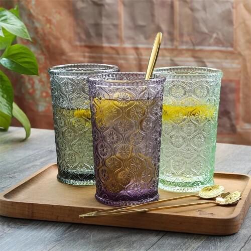 Creative fashion personality European retro vintage engraved three-dimensional embossed colored glass cup 2PCS