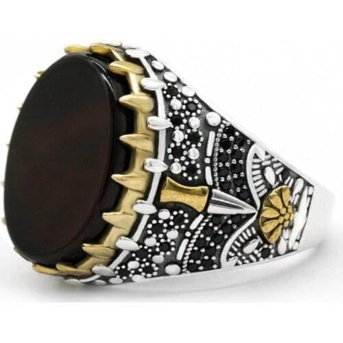 925 Sterling Silver Vintage Onyx Ring for Men Women Natural Flat Agate Stone Gemstone Turkish Handmade Jewelry Anniversary Gift