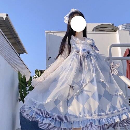 Rabbit Bow Lolita Cute Sweet Jsk Suspender Lolitas Dress Anime Sweet Girls Cosplay Lace Sky Blue Kawaii So Cute Women Dresses