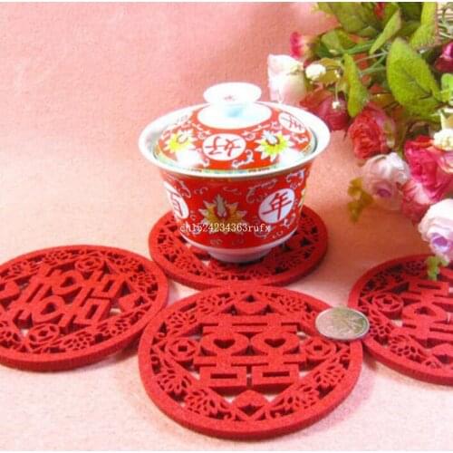 500pcs Double Happiness Coasters Non-woven Fabric Wedding Table Decoratioon Party Favor Gift Traditional Chinese Style Mats Pads