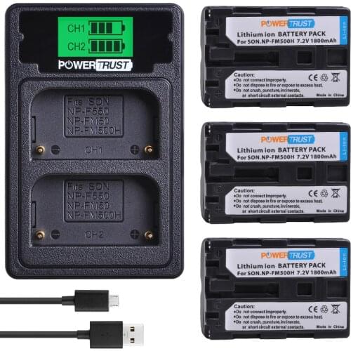Powertrust 3PCS NP-FM500H Camera Battery+LCD USB Dual Charger with Type C Port for Sony A200 A200K A200W A300 A350 A450 a580