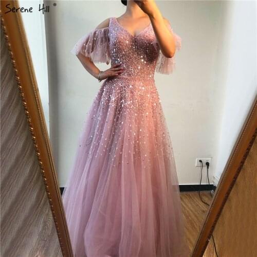 Pink Short Sleeve Sexy A-Line Formal Dresses Design 2020 Sparkle Beading Sequined Evening Gowns Real Photo LA70075