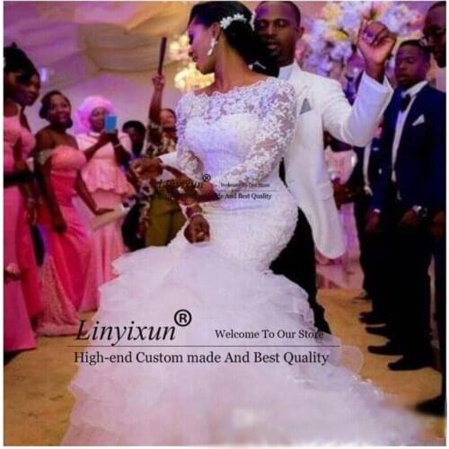 Boat Neck Tassle Tail Tiered Mermaid Wedding Dresses Africa New 2020 Long Sleeve Crystal Beading Lace Wedding Dress Custom Made