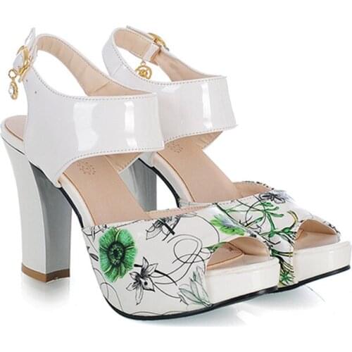 Hot Sales Peep Toe Ankle Wrap Chunky High Heels 3d Printing Crystal Sandals Shoes Woman Office Ladies Shoes