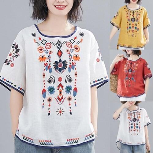 Summer Novelty Women T Shirt Harajuku T-shirt Embroidered Loose National Style Ladies Short Sleeve Oversize Blouse for Going Out