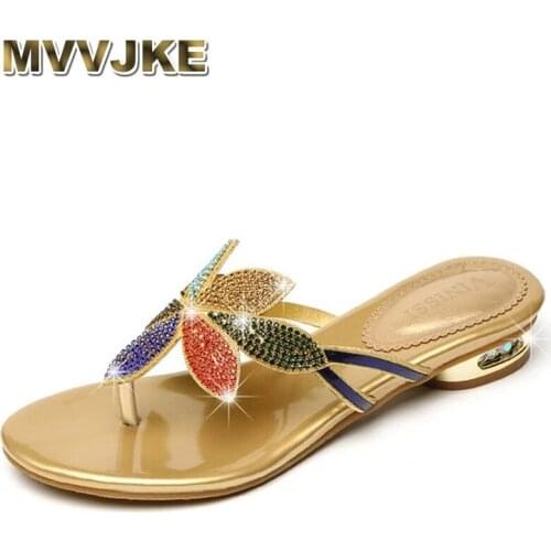 MVVJKE New Bohemia Shoes Lady Casual Leaf Shoes Sexy Crystal Rhinestone Design Women Sandal Hot Ladies Flip Flop Slippers