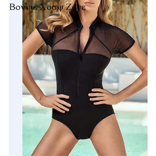 Women Summer Zipper Design Sheer Mesh Short Sleeve One Piece Swimwear
