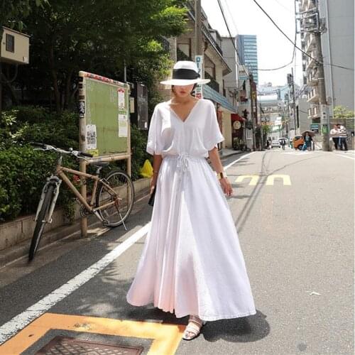 Johnature 2021 Summer Cotton Linen Plus Size Loose Korean High Wiast Tie Women Dresses New Solid Color Batwing Casual Dress