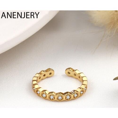 ANENJERY 925 Sterling Silver Hexagonal Connected zircons Ring for Women Elegance Simplicity Open Ring Jewelry Gift S-R1031