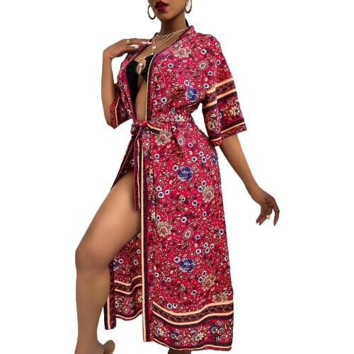 Summer Womens Bohemian Floral Printed Beach Dress Open Front Tie Up Kimono Cardigan Long Bikini Cover Up