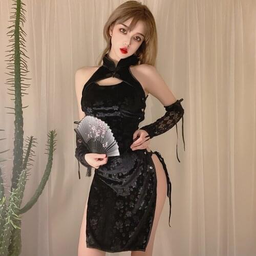 Winter Velvet Cheongsam Nightgowns High Side Open Split Sexy Night Dress Womens Cosplay Costume Lingerie Night Sleepwear