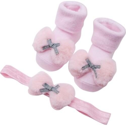2021 Newborn Baby Girl Cute Bow Design Cotton Socks with Hairband Photography Props Set