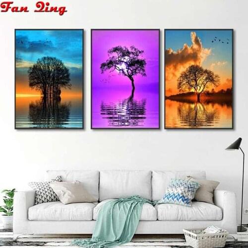 3pcs 5D DIY Diamond embroidery sale Sunset lake tree Full drill rhinestone Mosaic Diamond Painting cross stitch new