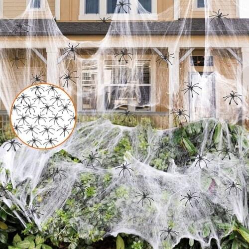 Promotion! 1000 Sqft Halloween Stretch Spider Web with 100 Plastic Fake Spiders for Indoor & Outdoor Halloween Decorations