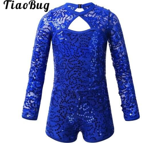 TiaoBug Kids Long Sleeves Shiny Sequins Gymnastics Unitards Jumpsuit Girls Ballet Leotard Stage Performance Jazz Dance Costume