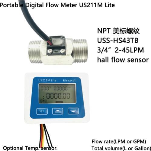 NPT US211M Lite Digital Flow Meter NPT USS-HS43TB Stainless Steel 304 Hall Water Flow Sensor 2-45L/M NPT 3/4" Turbine Flowmeter