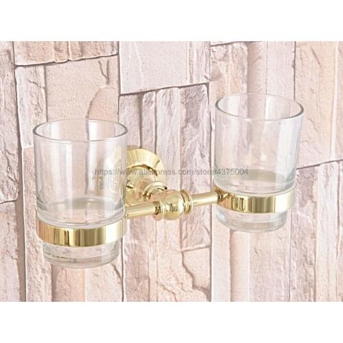 Double Cup Holder Toothbrush Holder with Glass Cups Luxury Golden Brass Rack Tumbler Holder Wall Mounted Nba318