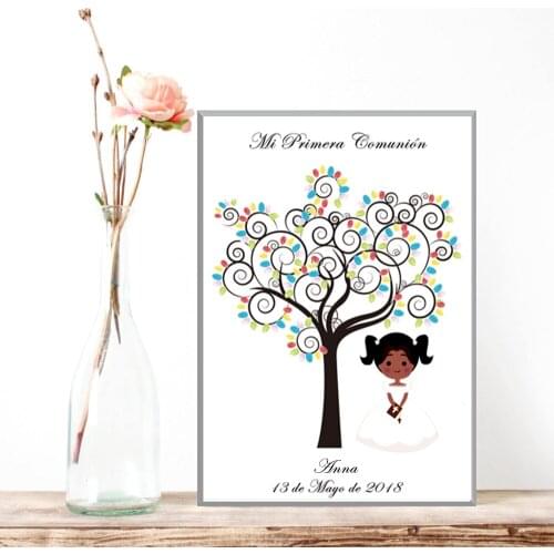 Personalize Girls First Communion Gift with Name Date Creative Souvenir of Baptism Fingerprint Tree Canvas Art Print & Ink
