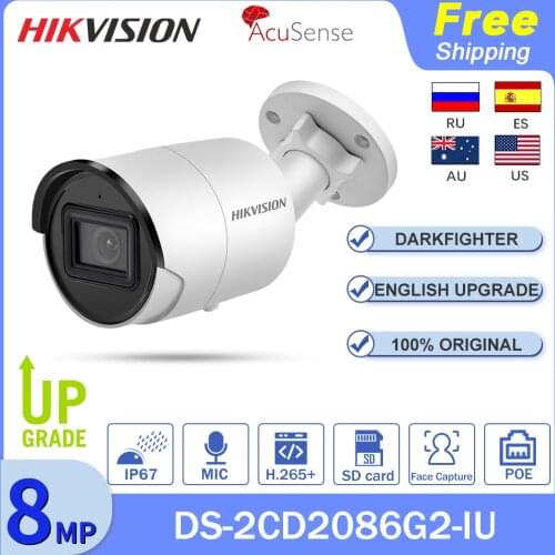 Hikvision IP Camera 4K DarkFighter DS-2CD2086G2-IU CCTV 8MP Acusense Built-in Mic POE SD Card IR40 H.265 IP67 Mini Bullet Webcam