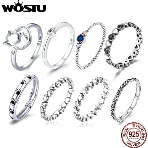WOSTU Genuine 925 Sterling Silver Vintage Rings Geometric Round Shape Single Stackable Finger Rings For Women Girls Fine Jewelry