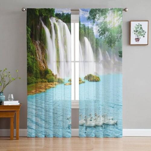 Woods Waterfall Swan Sheer Curtains for Living Room Bedroom Home Decor Chiffon Voile Christmas Curtains