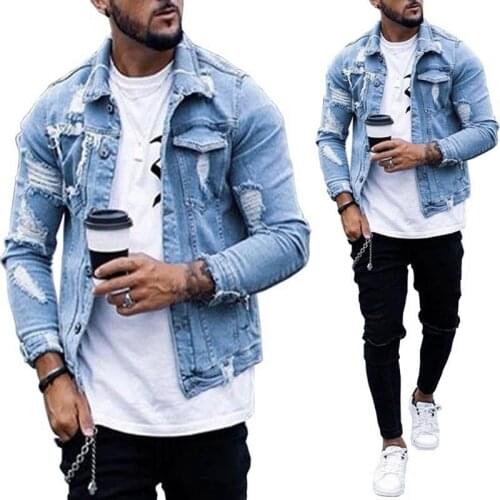 Men Denim Jacket Hole Ripped Men Coat Moto Biker Men Jeans Jacket Pockets Chaquetas Hombre Washed Jeans Bomber Jackets
