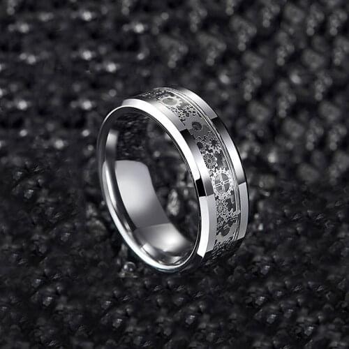 Men Ring Mechanical Gear Wheel stainless steel Ring Beveled Edges With Blue Carbon Fiber Inlay Finger Jewelry Custom engraved