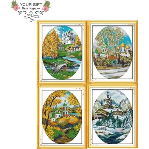 Joy Sunday F194(1)(2)(3)(4) Counted and Stamped Home Decor Four Seasons In Coast Spring Summer Autumn Winter Cross Stitch