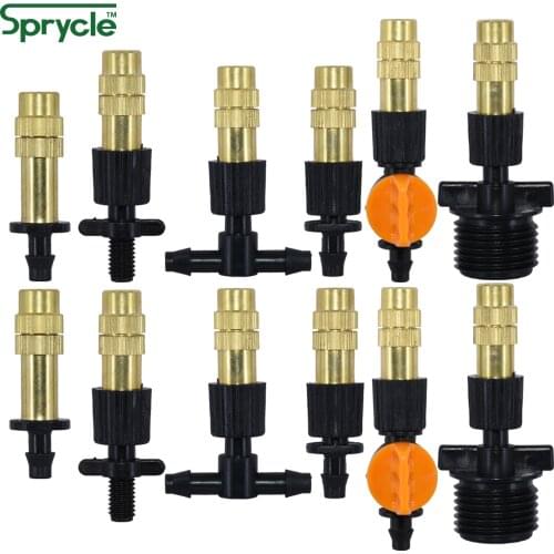 SPRYCLE 10PCS 6 Types Micro Drip Irrigation Misting Brass Nozzle Garden Spray Cooling Copper Sprinkler w/ Connector Water Plants