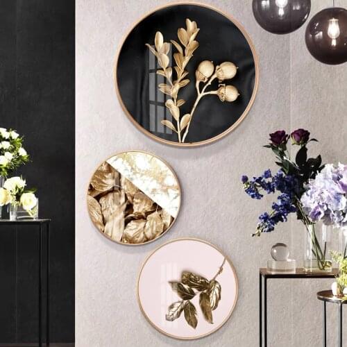 Wall Art Pictures Round Golden Leaf Porch Luxury Round Nordic Home Decoration Canvas Prints Poster Painting for Living Room
