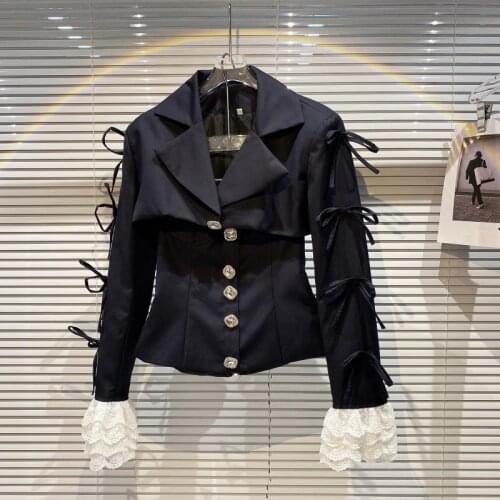 New arrival autumn fashion Rhinestone Button blazer women Bowknot Lace Sleeve Ladies Suit Jacket Two-piece