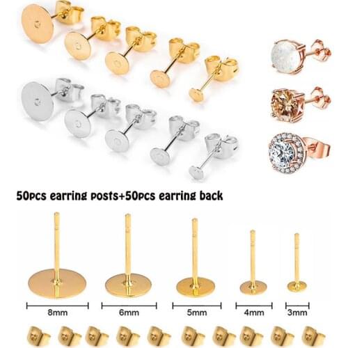 50pcs/set Stainless Steel Earrings Posts & Backs for DIY Stud Earrings Jewelry Making Findings
